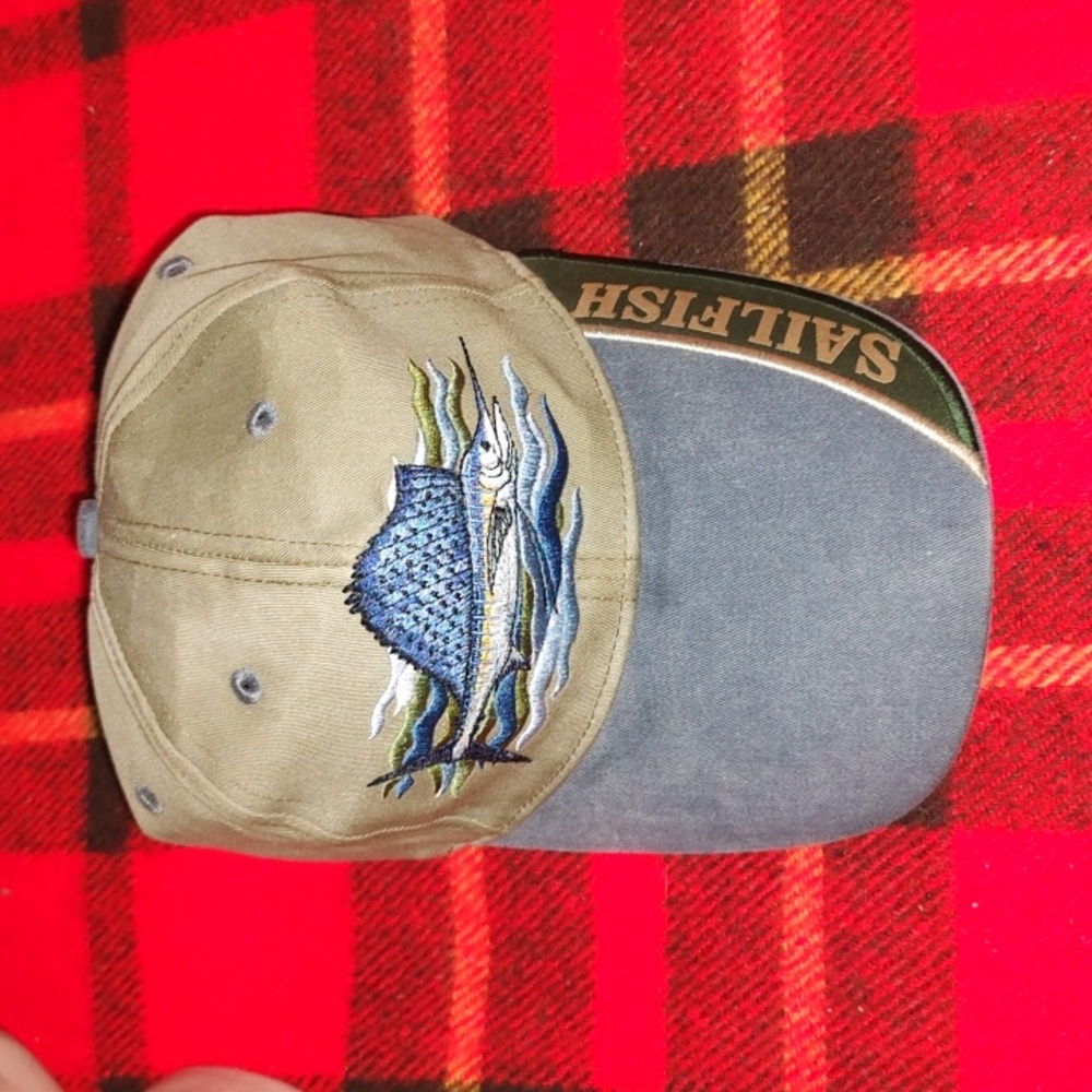 Vtg Saltfish Embroidered Strap-On Fishing Cap Hat Osfa